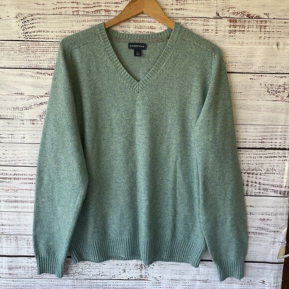 Lands End Men's L Merino Wool Green V Neck Sweater Elbow Patches Cottagecore - Picture 1 of 8